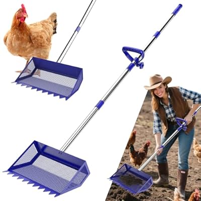 Chicken Poop Scooper & Rake 2-in-1,304 Stainless Steel Shovel Head, Chicken Litter Scoop with Handle for Chicken Coop & Pet Waste Cleaning, Litter Sifting Shovel (35 to 65") (Blue, 10inch)