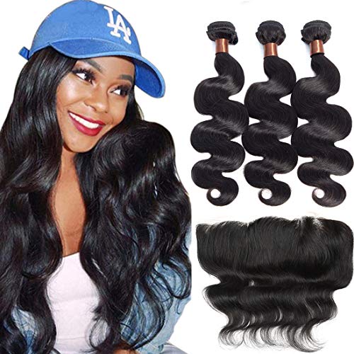 BLACKMOON HAIR(TM) Brazilian Virgin Hair With Lace Frontal Unprocessed Virgin Human Hair Bundles With Lace Frontal Body Wave Natural Black Color (14" 14" 16" Weft+12" Frontal)