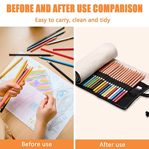 Image of Yitexin 72 Slots Canvas Pencil Roll Wrap, Handmade Roll-Up Pencil Case Pouch Fabric, Large Capacity Pencil Case Holder Organizer for Artists Painting, Sketchers(Black & White)