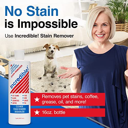 incredible stain remover - commercial pack quantity professional stain cleaner for carpets fabric linen laundry mattress car upholstery  pet stains urine blood red wine 16oz pack of 6
