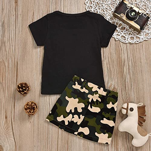 Toddler Baby Girls Camouflage Outfit Black Letter Tops T-Shirt + Skirt Dress Shorts Summer Two Piece Clothes Set (Black,6-12 Months)
