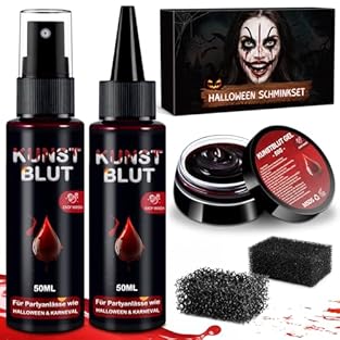 【HALLOWEEN FAKE BLOOD KIT】You'll receive a beautiful washable fake blood set, including: 50ml/1.76oz fake blood spray (press the nozzle to create a blood splatter effect); 50ml/1.76oz fake blood dripper (dripper), deep red, fluid, and realistic; 50g/...