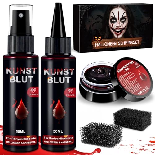 Fake Blood Halloween Makeup Kit - Realistic Washable Special Effects SFX Makeup Coagulated Blood + Dripping Blood+ Spray+ Sponges For Face Mouth Clothes Dress Up Stage Zombie Vampire Monster Cosplay