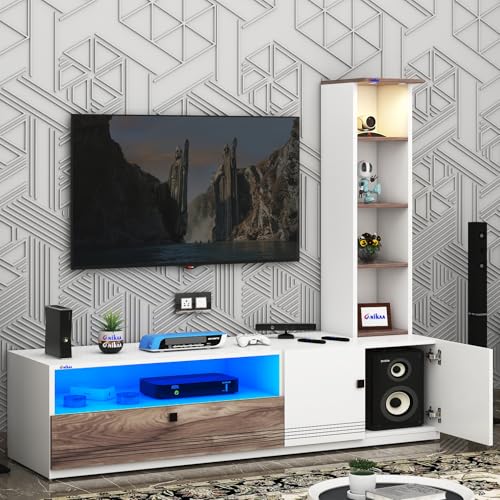 Image of Anikaa Sprax Engineered Wood Floor Standing Modern TV Unit with LED Light for Living Room | 2-Door & Open Box Cabinet with Side Shelf Storage | Ideal for Up To 55 inch | (White /Coachwood) DIY Installation