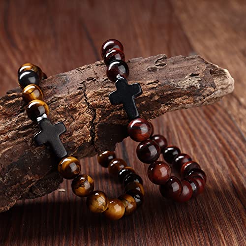 sailimue 8 Pcs Cross Bead Bracelets for Women Men 8mm Tiger Eye Lava Rock Stone Stretch Elastic Cross Bracelet Set3
