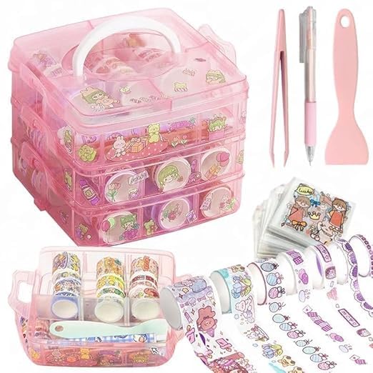 BLUEJELI Washi Tape Set for Designer Decorative Tapes, Washi Tape Gift Packing Tape Masking Tapes with 20 Pcs Kawaii Stickers, Tweezer, Pen and Spatula in Layer Box, Tapes for Art and Craft (PINK)
