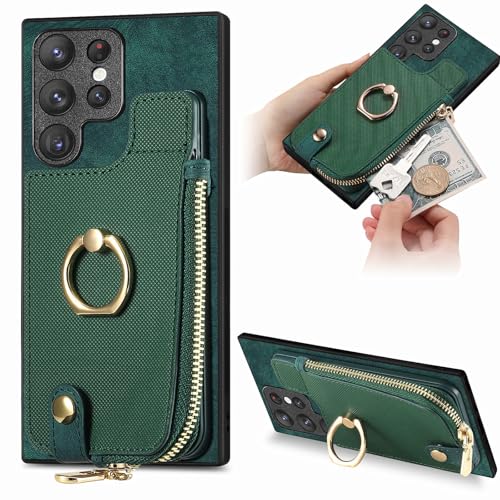 Étui portefeuille vert en cuir grainé avec fermeture éclair pour Samsung Galaxy S25 FE
