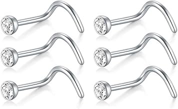 GNALIA Titanium Nose Piercing 6 Units, Rings and Studs Silver 2 mm with CZ for Various Styles