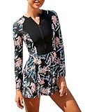 FYMNSI Badekleid Damen Einteilige Bauchweg Badeanzug Rash Guard Langarm Schwimmkleid Rei�Verschluss UV Schutz Bademode Badeanzugkleid Surfanzug Sport Schwimmanzug Baderock Tankini Blau M