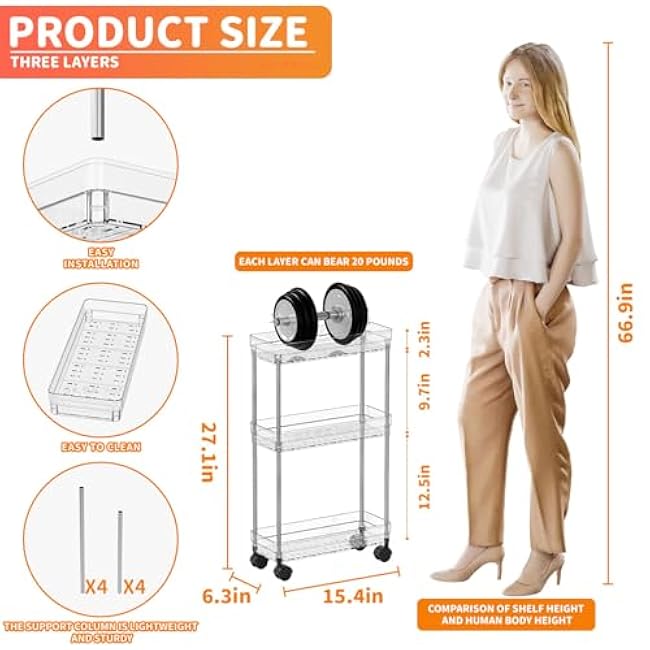 Bathroom Rolling Cart, Multi-Layer Storage Organizer with Wheels, Tiered Utility Trolley for Bathroom, Kitchen, and Living Room Home Organization-MreHj4T1