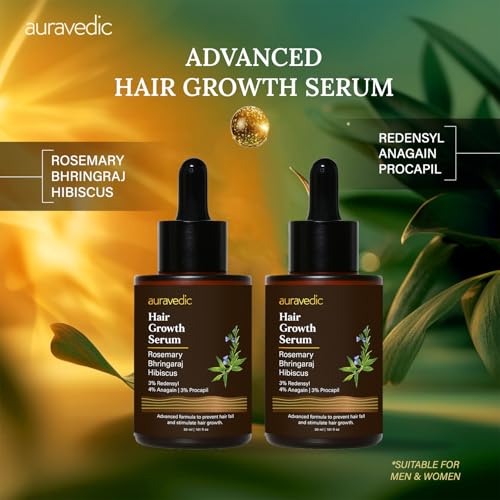 Image of Auravedic Advance Hair Growth Serum For Scalp with 3% Redensyl, 2% Anagain, 3% Procapil, Caffeine, Biotin, Bhringaraj, Rosemary Oil For Hair Serum For Hair Fall Control 30ML (pack 2)