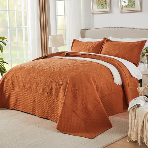 Image of ENJOHOS Burnt Orange 138x122 Extra Wide Oversized King Quilts - California King Bedspread, Reversible Summer Soft Microfiber Bed Coverlet Super King Bedding (1 Cal King Quilt, 2 Pillow Shams)