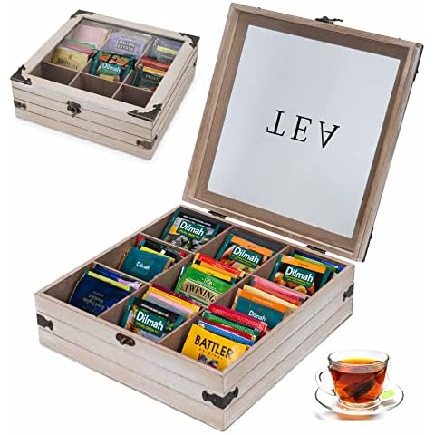 Optyuwah Tea Box Organizer Tea Bag Holder, 9 Compartments Rustic Tea Storage Box with Clear Lid, Tea Chest Tea Organizer Container Box for Tea Bags, Creamers, Sugar, Coffee Pods, Instant Coffee Packet Cover