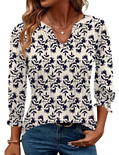 Image of AKEWEI 3/4 Sleeve Shirts for Women V Neck Loose Casual Blouses Floral Print T shirts Peasant Tops