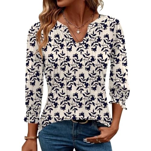 AKEWEI Blouses for Women Dressy Casual 3/4 Length Sleeve Spring Tops for Women V Neck Pleated T Shirts Apricot Floral XX-Large