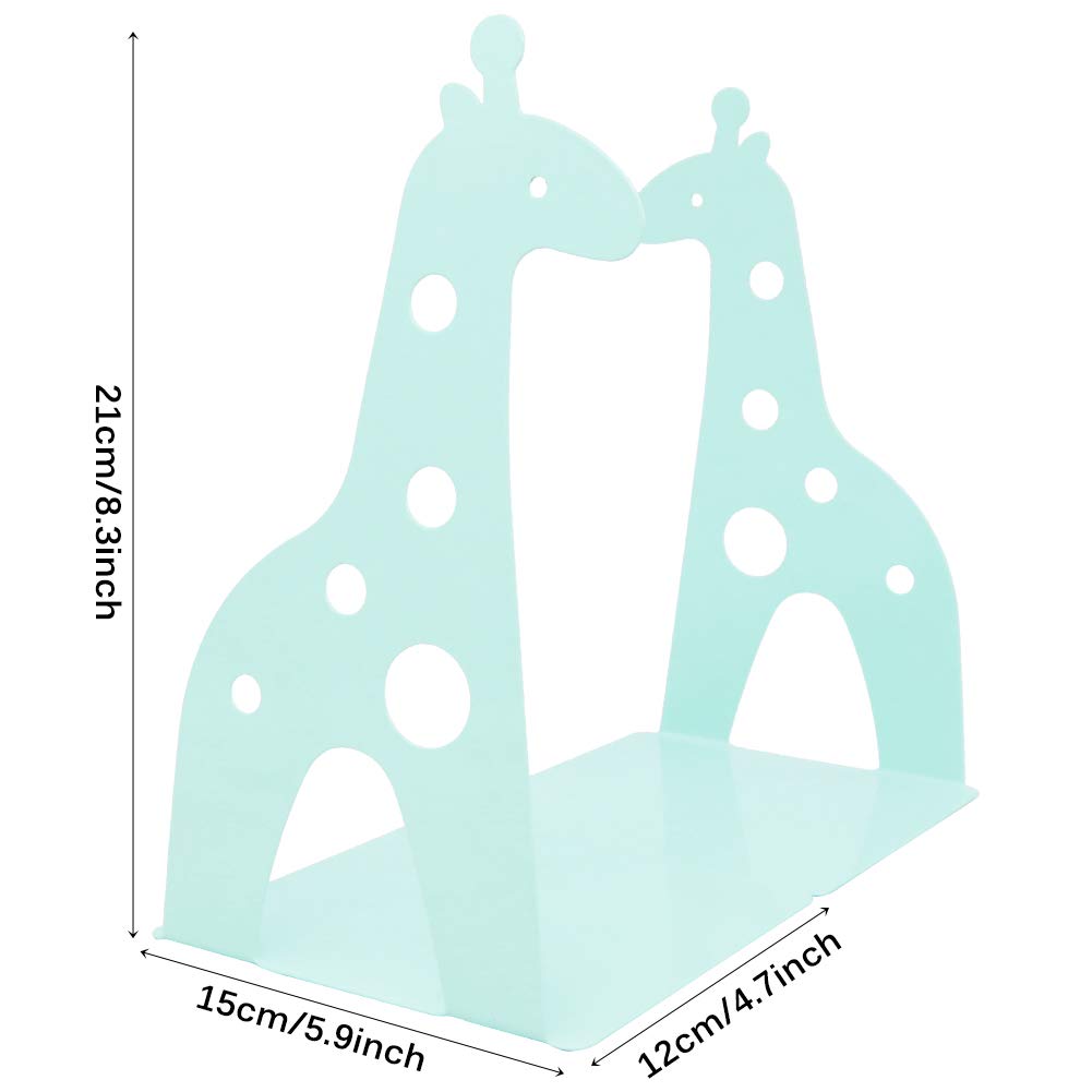 Lovely Giraffe Pattern Bookends Metal Book Ends Book Holder for Desk Organizer School Library Desk Study Home Office Decoration Kids Gift (Light Green) - Image 2