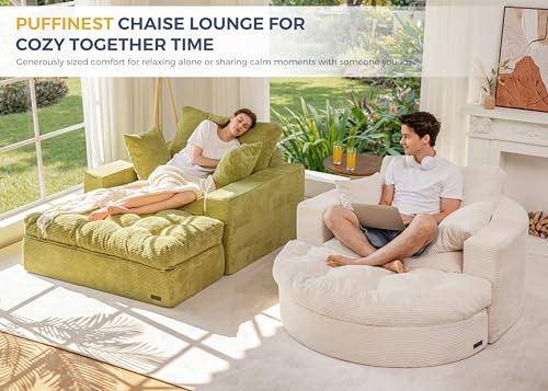 Image of MAXYOYO Modular Sectional Chaise Lounge Sofa, 2 Sets Upholstered Lounge Chair with Ottoman, Comfy Round+ Square Couch with Layered Cushion, Tufted Sleeper Chair for Living Room, No Assembly, Beige