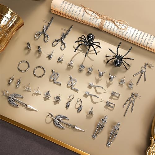 18 Pairs Stainless Steel Y2K Punk Hoop Dangle Earrings for Men, Frog Snake Spider Skull Heads etc Huggie Hoop Long Chain Piercing Hoop Earrings Set for Women and Men3