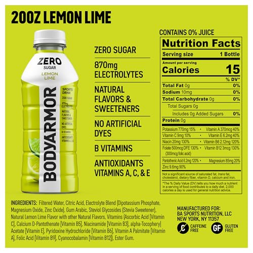 Image of BODYARMOR ZERO Sugar Lemon Lime, Sugar Free Sports Drink - Low-Calorie Hydration - Natural Flavors with Potassium Packed Electrolytes, Antioxidants, and B-vitamins, 20 fl oz (pack of 6)