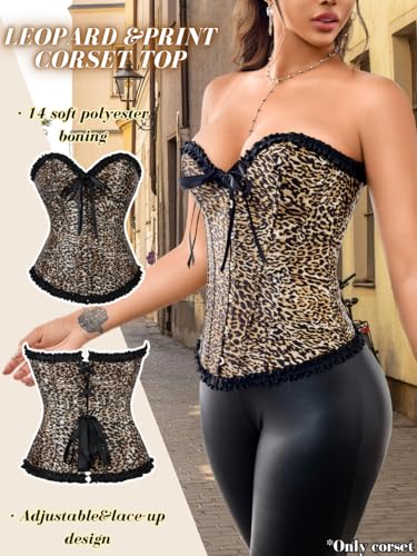 Women's Leopard Print Satin Corset, Lace-Up Shapewear Overbust Bustier Festival Night Out Halloween Tops2