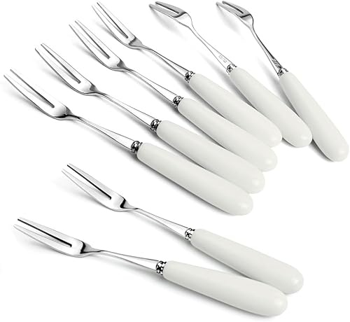 Tenedor de té sus304 de acero inoxidable 18-10 con mango de porcelana blanca, tenedor de doble punta, tenedor de té de espejo fino, tenedor de 2