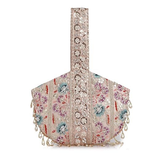 Image of Nevis Stylish Embroidery Unique Design Traditional Wedding Party Handheld Potli Bag for Women (Pink)