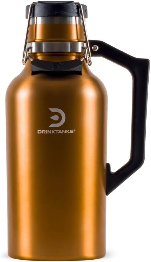 DrinkTanks Craft Growler, Passivated Stainless Steel Growlers for Beer, Leakproof and Vacuum Insulated Beverage Tumbler, Easy-to-Use Soda, Wine, or Coffee Tumbler with Handle, Copper, 64 Oz