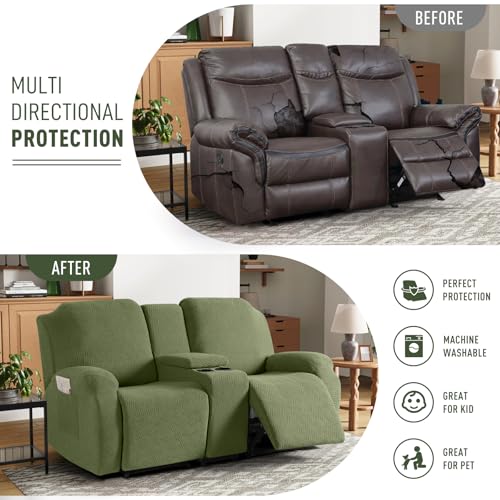 Image of KinCam Loveseat Recliner Covers with Middle Console Slipcover, Recliner Sofa Covers 2 Seat Couch Cover Stripe Jacquard Furniture Protector Covers with Elastic Bottom for Kids, Pets(Olive Green)
