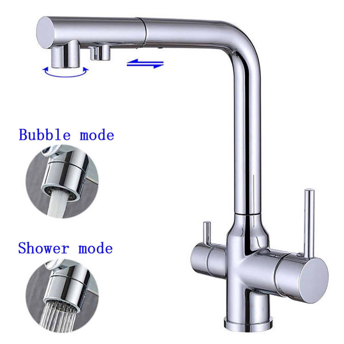 Rubinetto da cucina a 3 vie con filtro dell'acqua, doccetta estraibile, 2 maniglie, miscelatore in ottone, 1 foro girevole, finitura cromata, ideale per cucine moderne