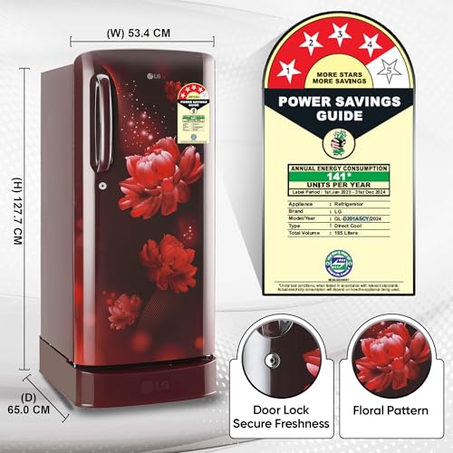Image of LG 185 L 4 Star Direct-Cool Inverter Single Door Refrigerator (GL-D201ASCY, Scarlet Charm, Base stand with drawer | Fast Ice Making)