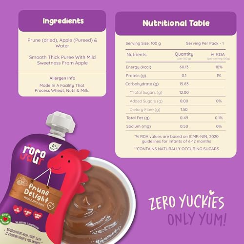Image of Rorosaur Tummy Friendly Baby Food Puree Combo (4 Pouches X 100g each) | Prune Delight, Wheaty Ragi, Rice-O-Lentils & Millety Pumpkin| 6+ Months | Ready-to-Eat |No Added Sugar, No Salt, No Preservatives