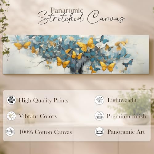 Image of Large Stretched Canvas Painting, Panel Wall Painting Abstract Tree with Yellow Butterfly Luxury Paintings for Home Decoration, Living room, Bedroom and Office Decor (Sky Blue, 12x46 Inch)
