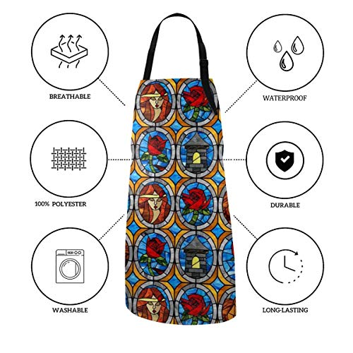 Beauty And Beast Fairytale Glass Bib Apron For Women Adjustable Kitchen Aprons With Extra Long Ties Waterdrop Resistant For Cooking, Grill And Baking #TOP2