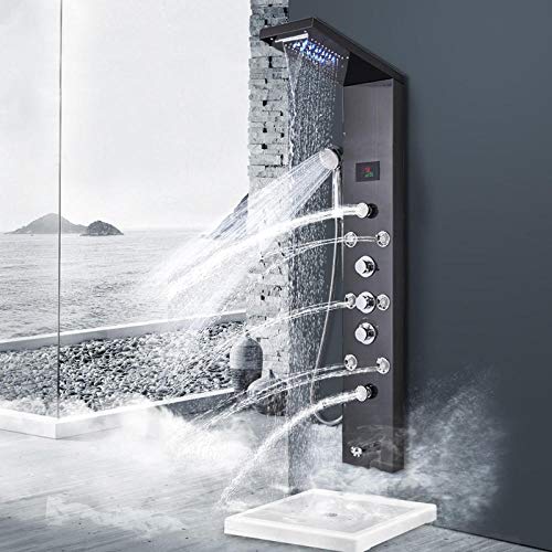 Columna de ducha hidroeléctrica con pantalla LCD, luz LED, efecto cascada y tres manetas (negro) miniatura 1