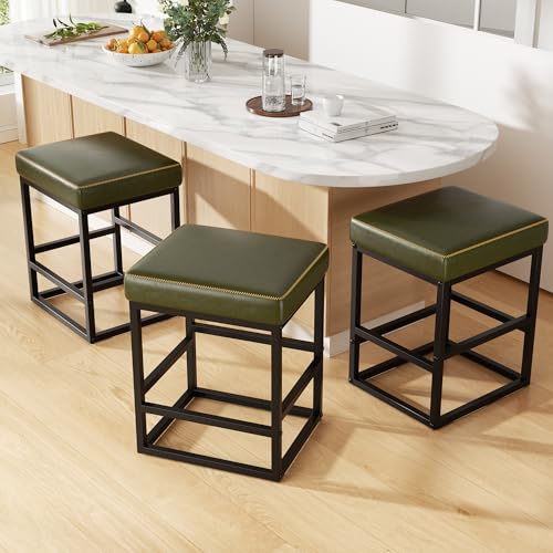 Image of Bar Stools Set of 6, 24in Counter Height Barstools, Faux Leather Counter Stools with Thick Square Seats & Sturdy Metal Base, Modern Bar Chairs for Kitchen Island (Green)