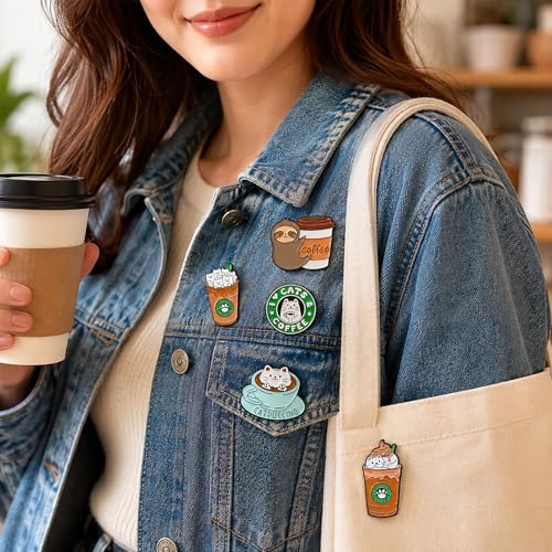 Image of 5Pcs Cute Coffee Cat Sloth Enamel Pin Set Cartoon Animal Coffee Cup Brooch Badges, Funny Lapel Pins for Backpacks, Jackets, Bags, Coffee Lover Gift