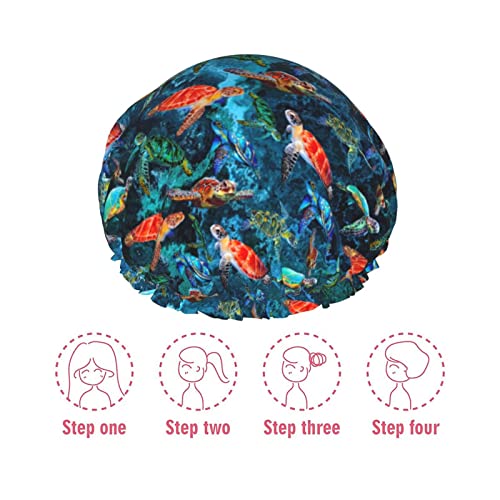 Image of Sea Turtle Shower Cap For Women Adjustable Double Waterproof Layers Bathing Bath Cap Hair Protection Reusable Ladies Spa Salon Shower Hat