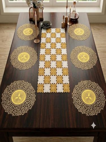 Image of Dakshya Industries PVC Waterproof Round Table Placemat & Table Runner Combo Set | 6 Round Table Mats (38 x 38 cm) + 1 Table Runner | Heat Resistant, Washable, Non Slip Dining Table Decor (Lumina)