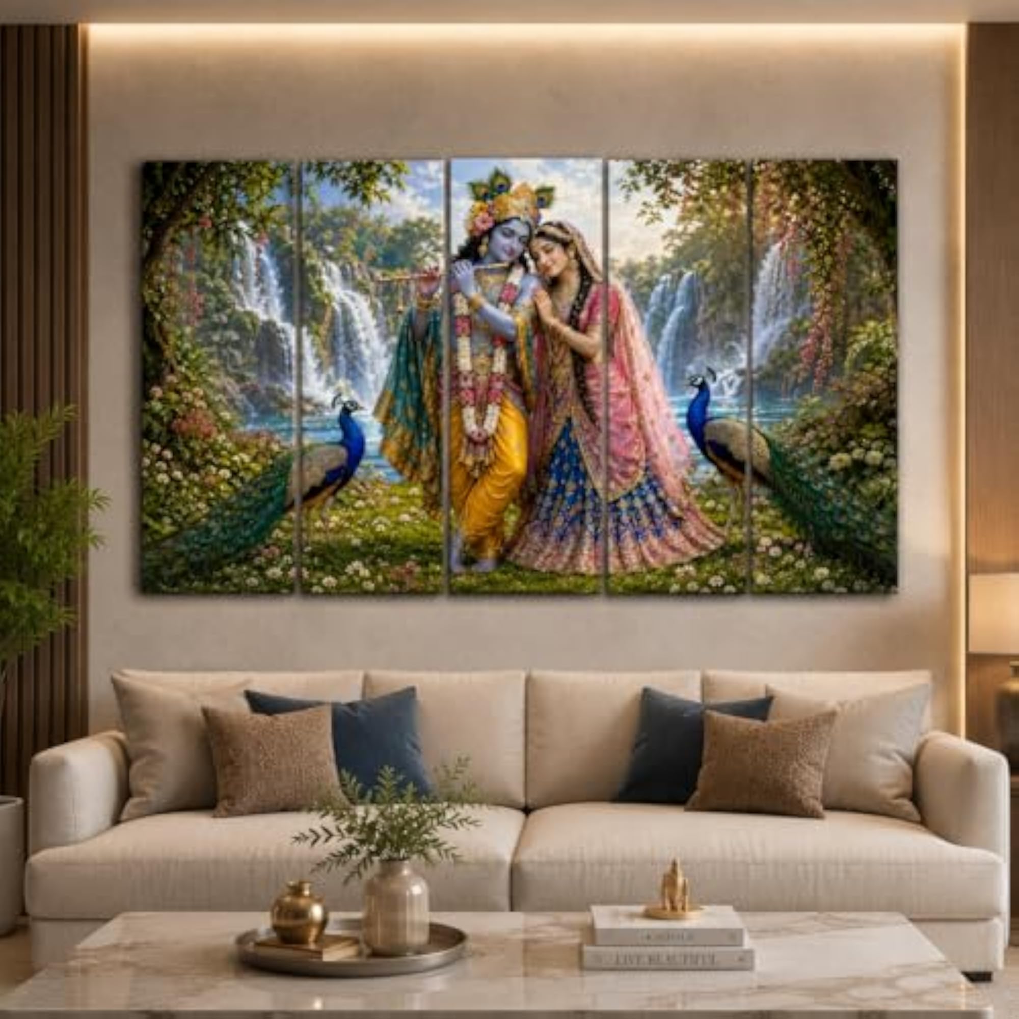 Radha Krishna Set of 5 Wall Decor, Large 3D Effect with Waterfall & Peacock