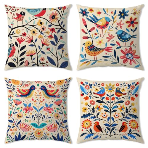 Bird Flower Scandinavian Folk Pillow Covers Colorful Nordic Garden Velvet Throw Pillows Swedish Norwegian Decorative 18x18 Fuzzy Velvet Pillow Cases for Couch Bed Cushion Case for Home Decorations