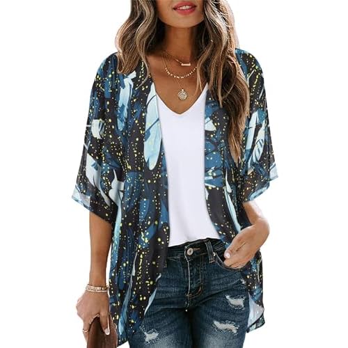 Womens Casual Coverup Summer Kimono Cardigan Hawaiian Shirts Loose Blouse Duster (Firefly Blue Print,XL)