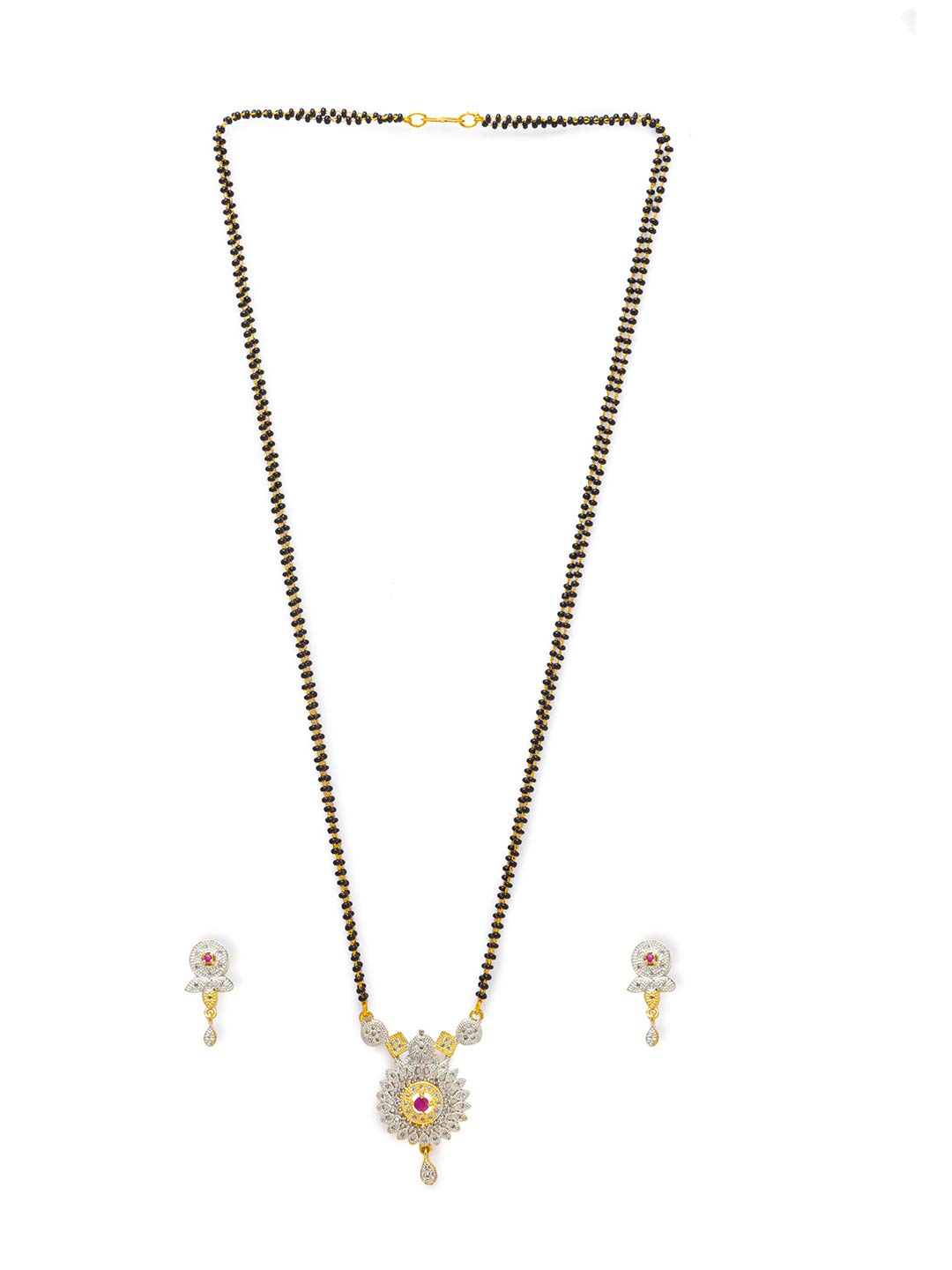 Women's Long Mangalsutra Designs One Gram Gold Plated AD Pendant Tanmaniya Nallapusalu Black Beads Chain Set (27 Inches)