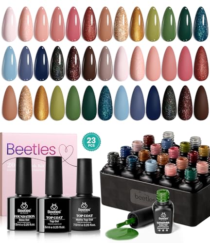 Image of Beetles Fall Gel Polish Set - 20 Colors Nude Brown Shimmer Gel Nail Polish | Chocolate Red Green Blue Glitter with Base &Top Coat, Soak Off UV Needed DIY Home Manicure Kit Gif for Women