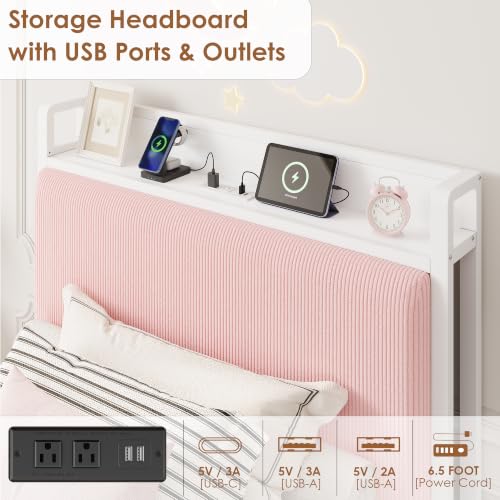 Image of GAOMON Twin Size Bed Frame with 2 Drawers and Charging Station, Pink