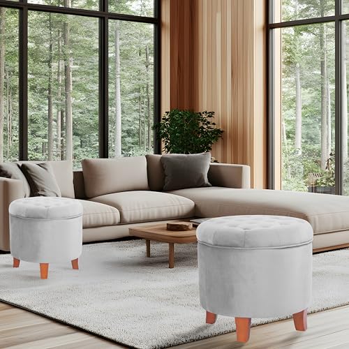 Homepop Home Decor | Upholstered Round Velvet Tufted Foot Rest Ottoman | Ottoman with Storage for Living Room & Bedroom | Decorative Home Furniture, Gray Small - Image 3