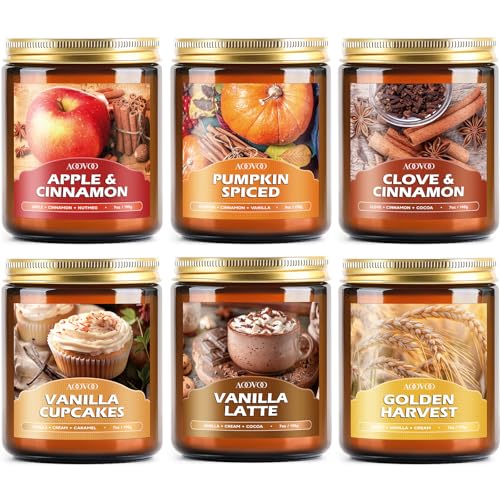 AOOVOO Fall Candles Set – 6 Pack Candles for Home Scented, 42 oz Natural Soy Wax 300 Hour Long Lasting, Fall Fragrance of Pumpkin/Apple Cinnamon/Clove/Vanilla Cupcake/Latte Cupcake/Wheat Vanilla