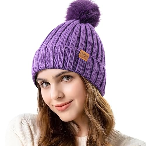 REDESS Womens Winter Knitted Beanie Hat Warm Fleece Lined with Pompom Cap Thick Slouchy Snow Knit Skull Ski Cap ，Violet ，Taille Unique