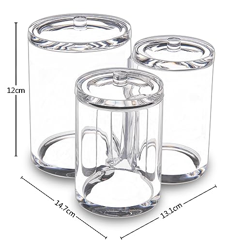 Image of MOSIKER Bathroom Canisters,Round Cotton Ball Pad Holder,Clear Acrylic Qtip Tampon Accessories Organizer with 3 Slots