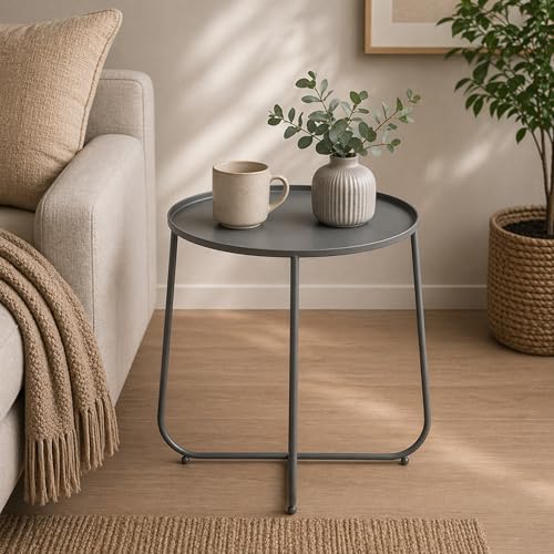 Image of Metal Side Table for Living Room | End Table, Coffee Table, Bedside Table, Plant Stand for Indoor Outdoor | Round Metal Table, Sofa Side Table (Anti-Rust, No Assembly Required) | Grey