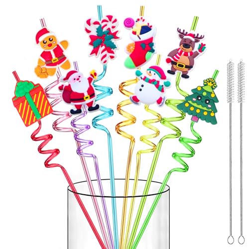 LEDUO 24 Christmas Party Favors Drinking Straws-Holiday Party Supplies-Reusable Xmas Santa Snowflakes Snowman Claus Reindeer Plastic Straw with Cartoon Decoration School Party Favors for Kids New Year